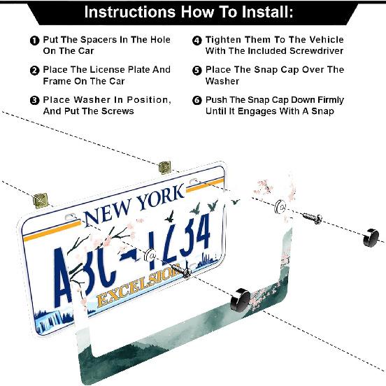 Mounta Cherry Blossom License Plate Frames - 2 Pcs Set 2 Holes Stainless Steel Metal Auto Car Accessories Decoration License Plate Frame Cover Size