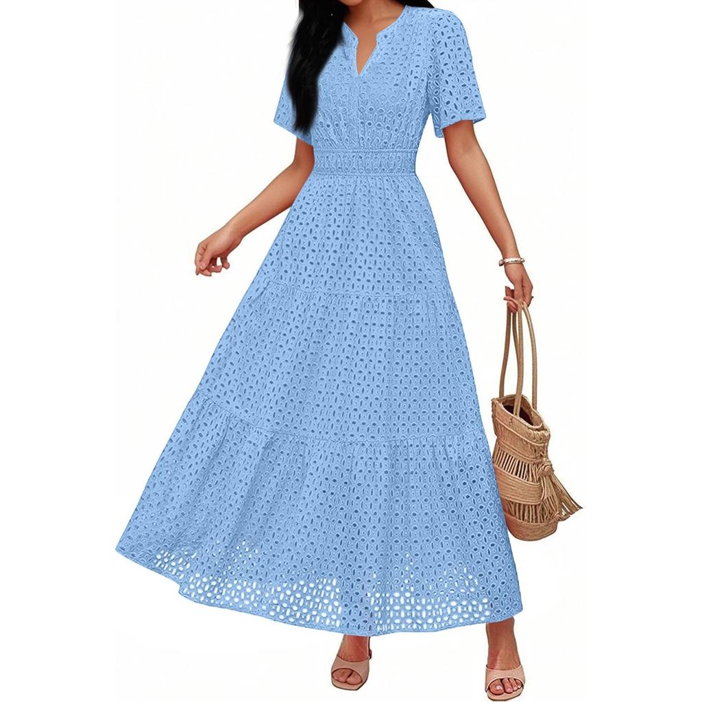 Damskie letnie modne sukienki z koronką Hollow z krótkim rękawem i długim jednolitym kolorem