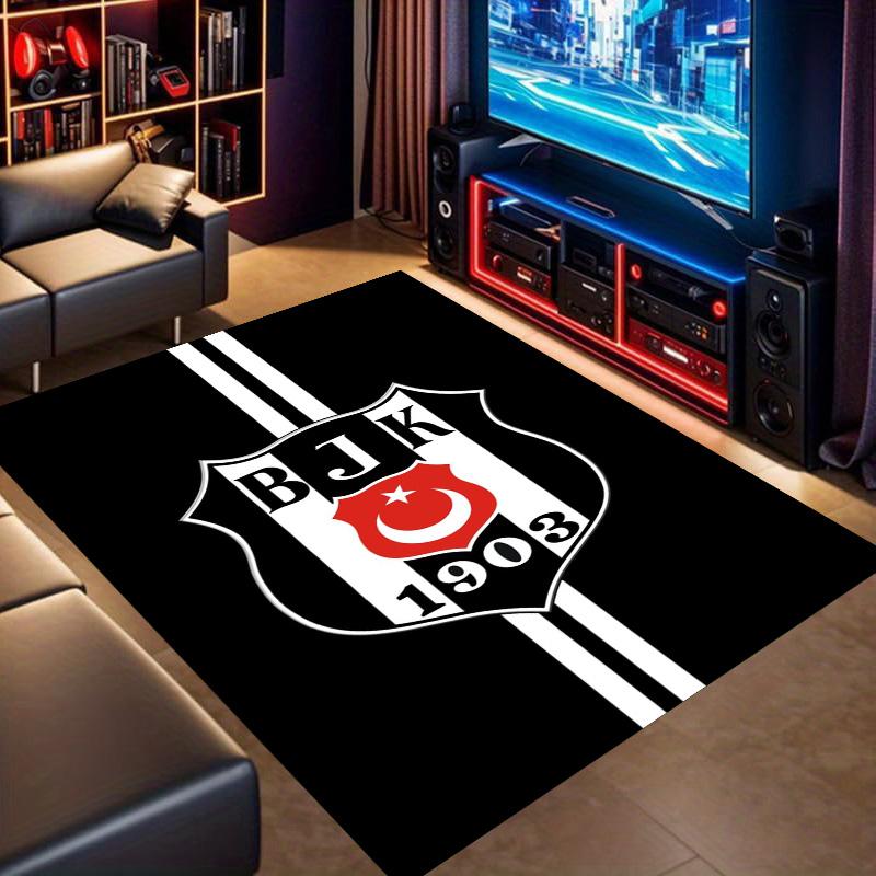 Black White Stripe Football Club Emblem Print Non-Slip Rug, Sports Fan Decor Carpet for Bedroom Living Room