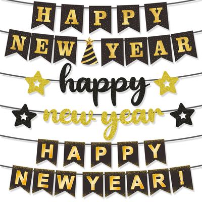 New Year'S Day Theme Party Decoration Banner Black Gold Star Hat Bronzing Flag