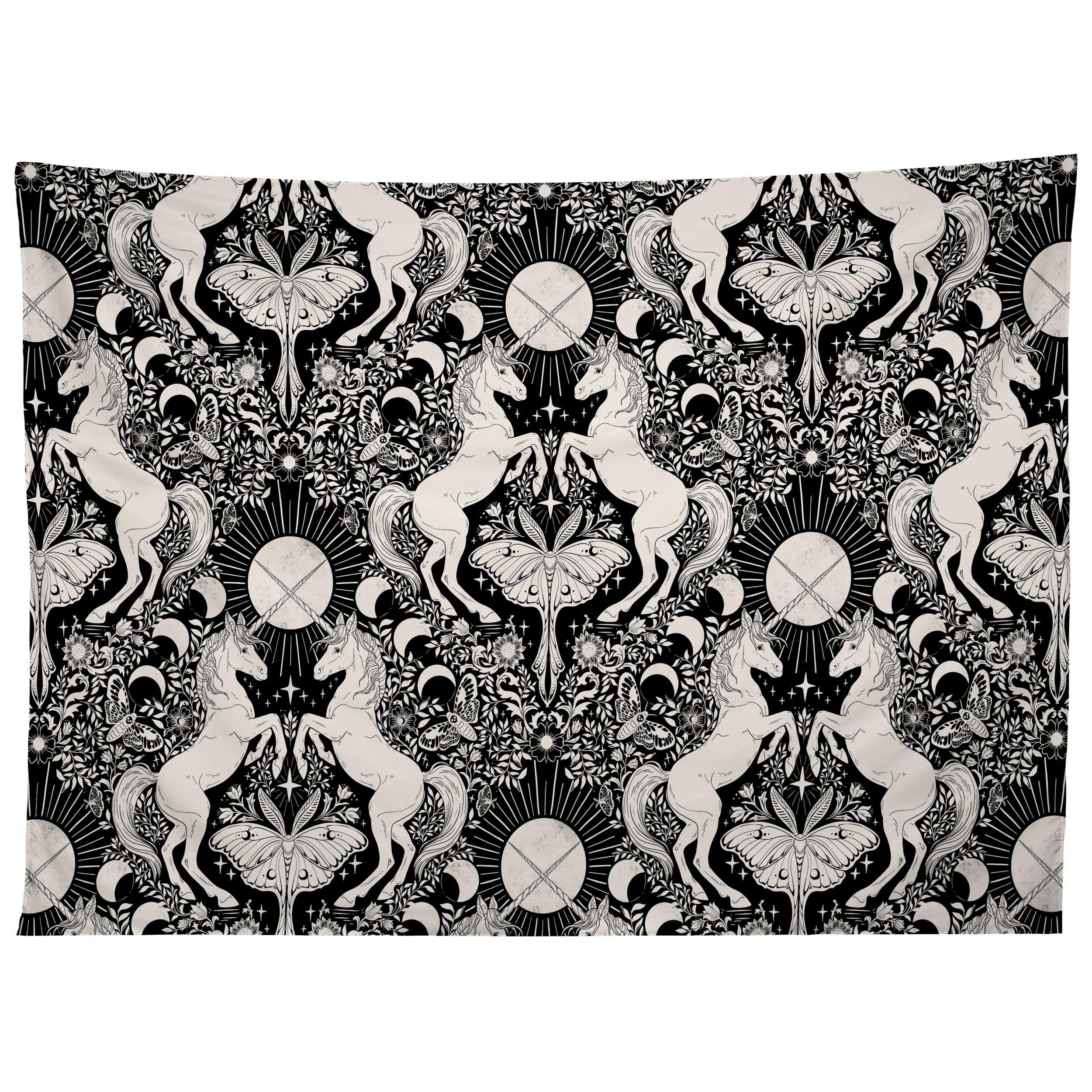 Black and cream damask unicorn tapestry 75x100 чёрный