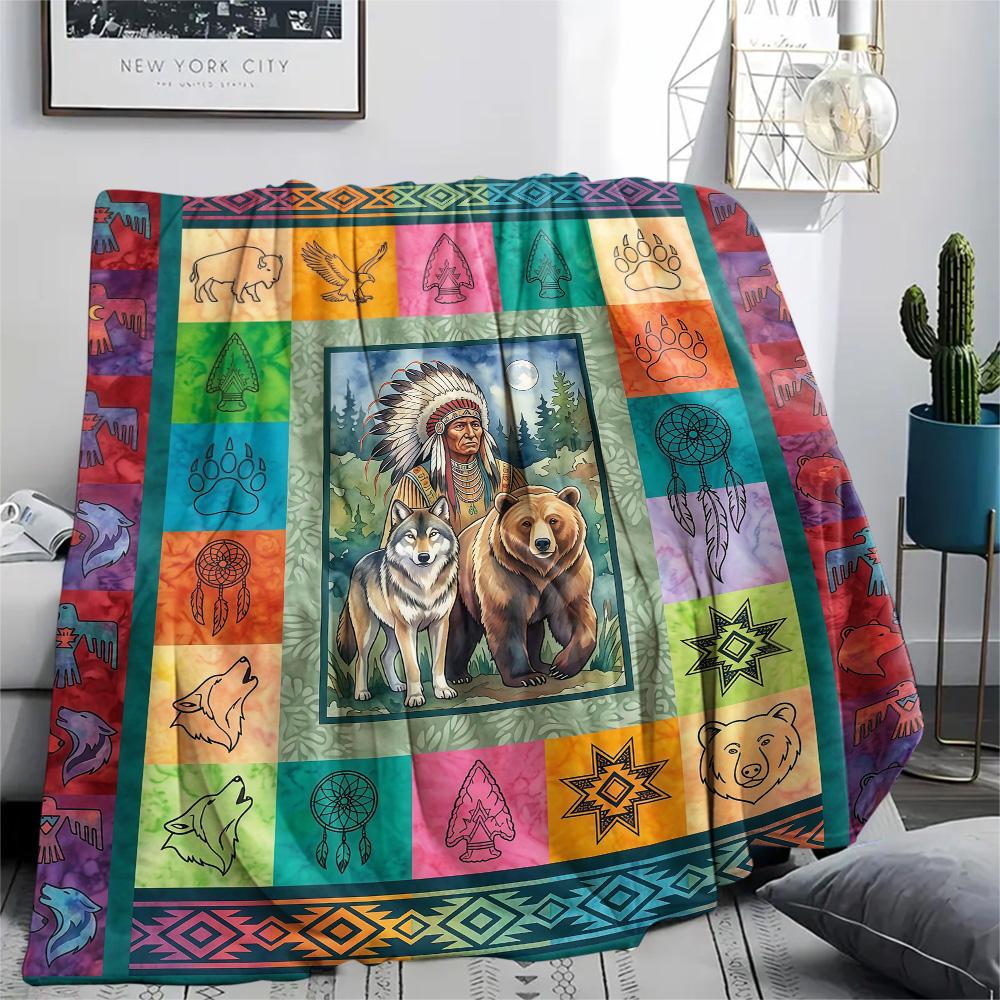 1Pc Indian Chief Elephant Print Flannel Blanket High Quality Warm Comfortable Cover for All Seasons Perfect for Gifts Home Decor