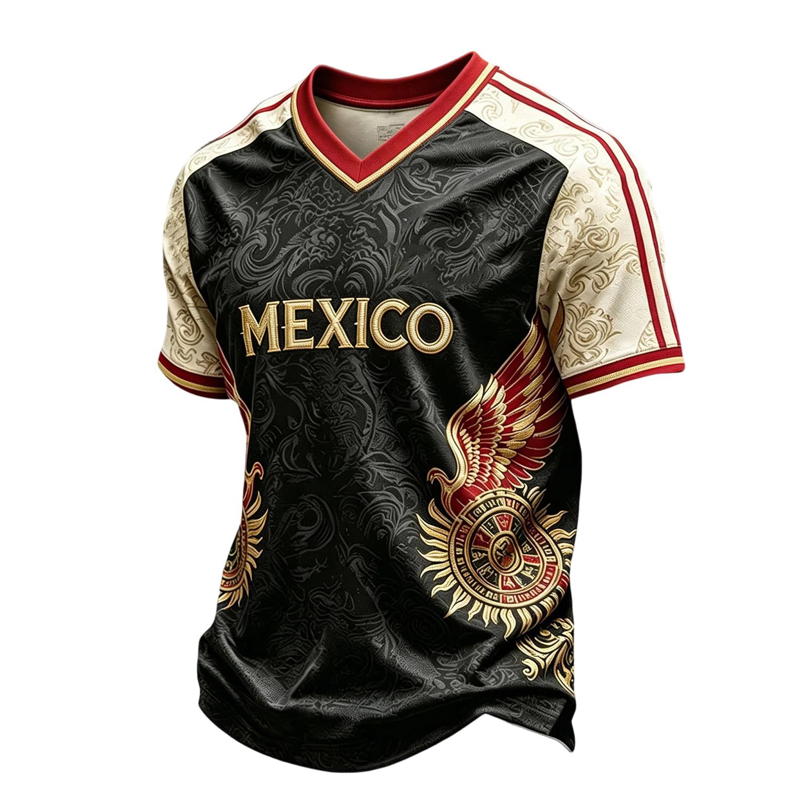 Men s Casual V-Neck Short Sleeve T-Shirt Lightweight Breathable with Mexico Letter Print L