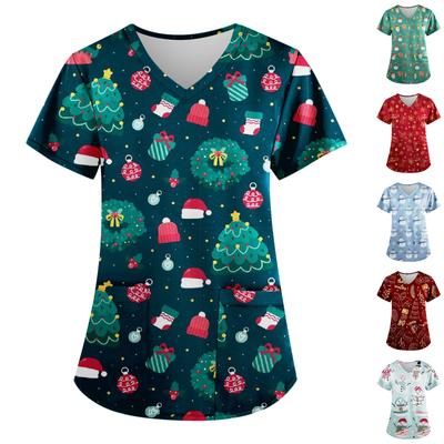 Plus Size Printed Scrub Working Uniform Tops For Women's V-neck Christmas Print Short Sleeve Fun T-shirts Workwear Tee With Pockets