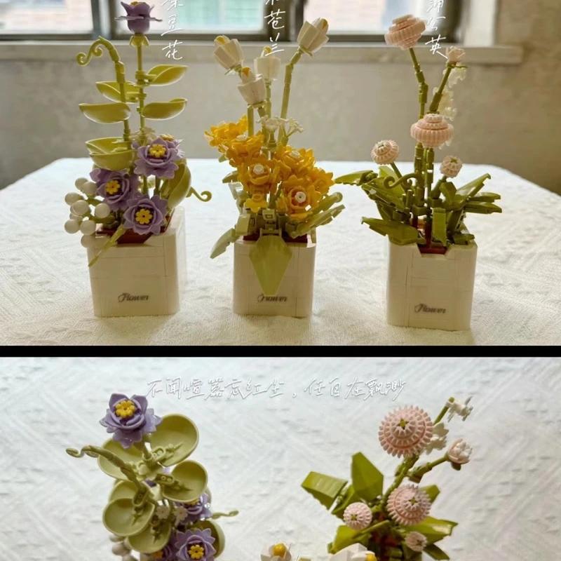 Sende deiner Mutter ein Geschenk Blumen Bausteine Ewige Bonsai Serie Set DIY Topfblume Löwenzahn Pfingstrose Steinpflanze Blumenstrauß Deko