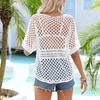 Women Crochet Hollow Out Cover Up Top Drawstring Crew Neck Short Sleeve Knitted Bikini Cover Up White S
