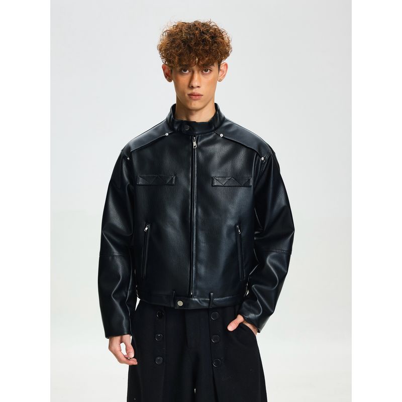 Cabbage Coke American Harrington Stand-Up Collar Biker Leather Jacket Down Coat 90% White Duck Down Lychee Pattern Leather Jacket