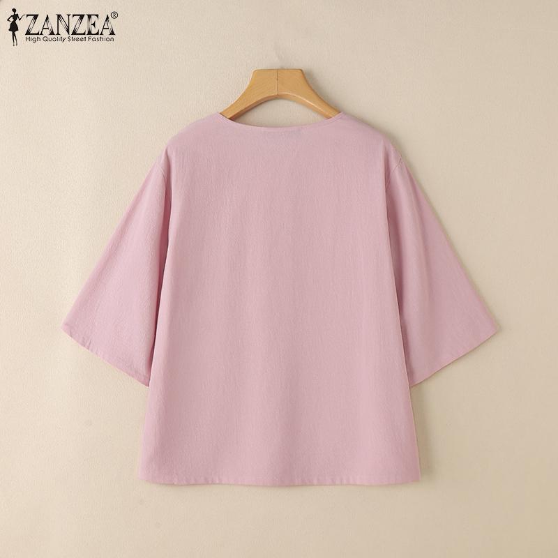 ZANZEA Women V-Neck Loose Casual 3/4 Sleeve Cotton Blouse