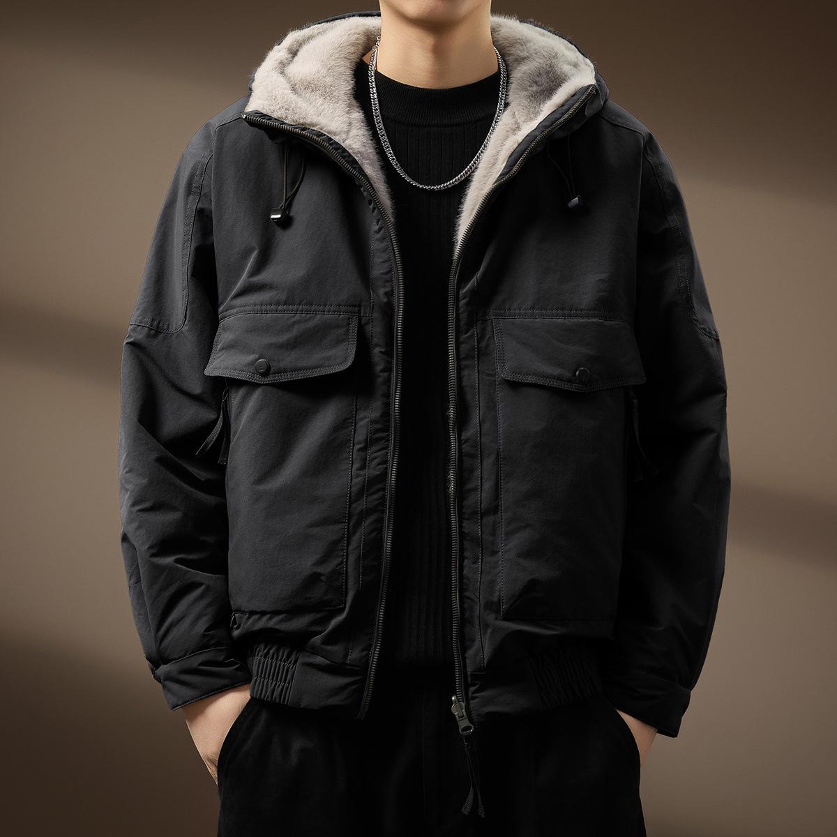 Men s American Style Reversible Plush Hooded Winter Jacket with Big Pockets 4XL (210-230 jin) чёрный