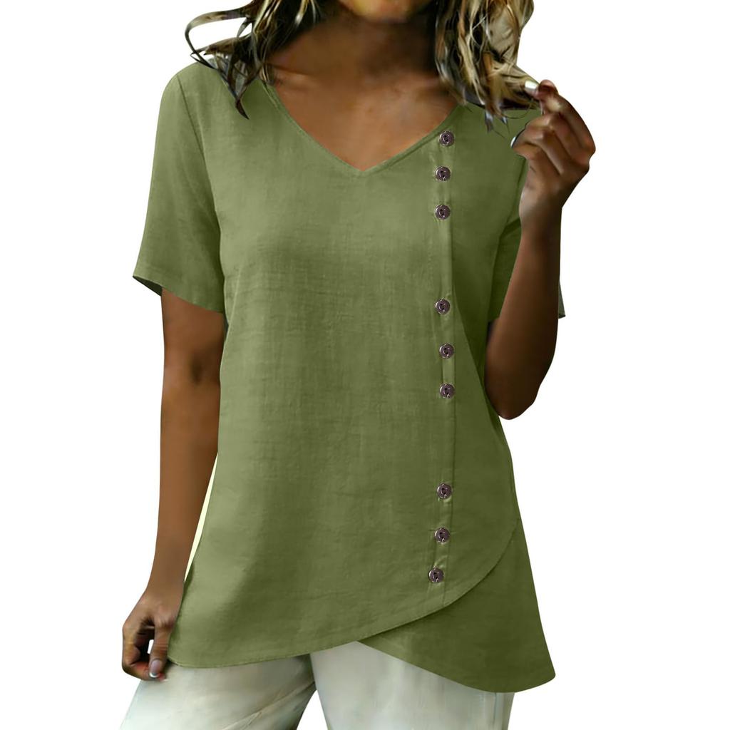 Womens Spring Tops V Neck Short Sleeve Button Design Summer Shirts for Women Casual Loose Fit Lightweight Blouse Dressy Tops for Women