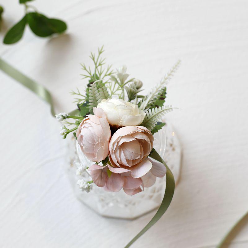 Mori-Style Korean Camellia Wedding Boutonniere & Bridesmaid Wrist Corsage Set