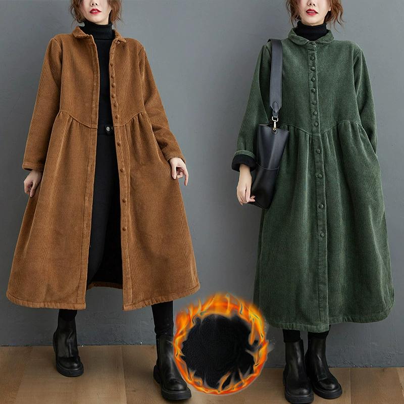 Loose Plus Veludo Grosso Veludo Cotelê Manga Comprida Trespassado Jaqueta Corta-vento Feminina Inverno