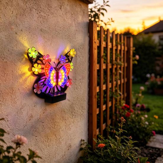 Solar Light, Butterfly Design Outdoor Wall Decor, Garden Art Soft Glowing Solar Light, Hand-Painted UV Coated Solar Light for Yard Patio Party
