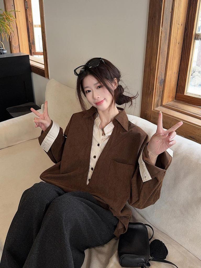Korean Retro Coffee-Toned Two-Piece Effect Patchwork Shirt - Women's Spring 2026 Long Sleeve Top