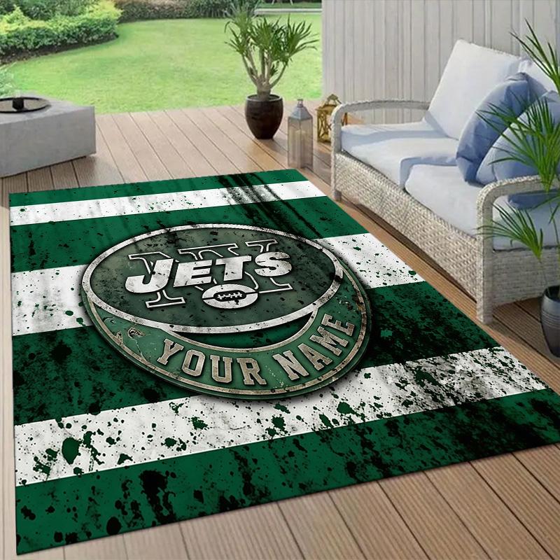 Custom Name New York Jets Flannel Pattern Square Carpet,Area Rug,Carpet Rug for Living Room Bedroom Sofa Playroom Decor,Non-slip Floor Mat