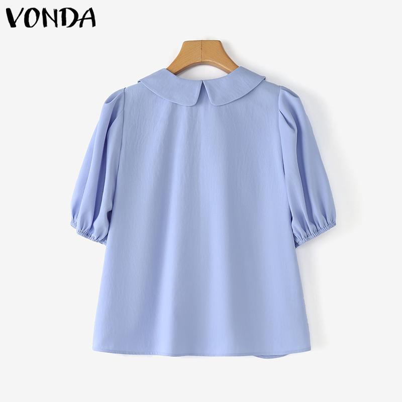 VONDA Women Summer Doll Collar Short Sleeve Bow Knot Splits Casual Cute Blouse