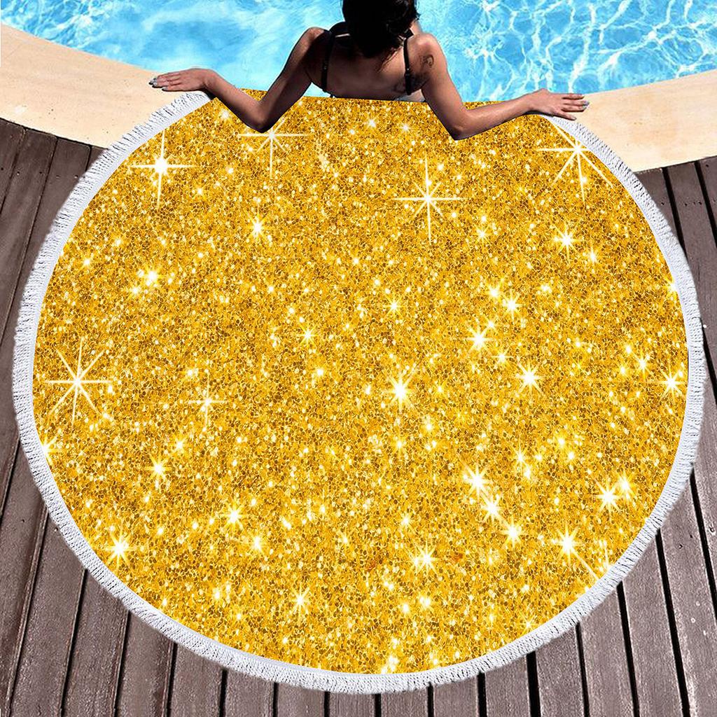 Vintage Gold Printed Round Beach Blanket,Polyester Sand Resistant Shawl Beach Towel,Absorbent Quick Dry Pool Towel Picnic Mat