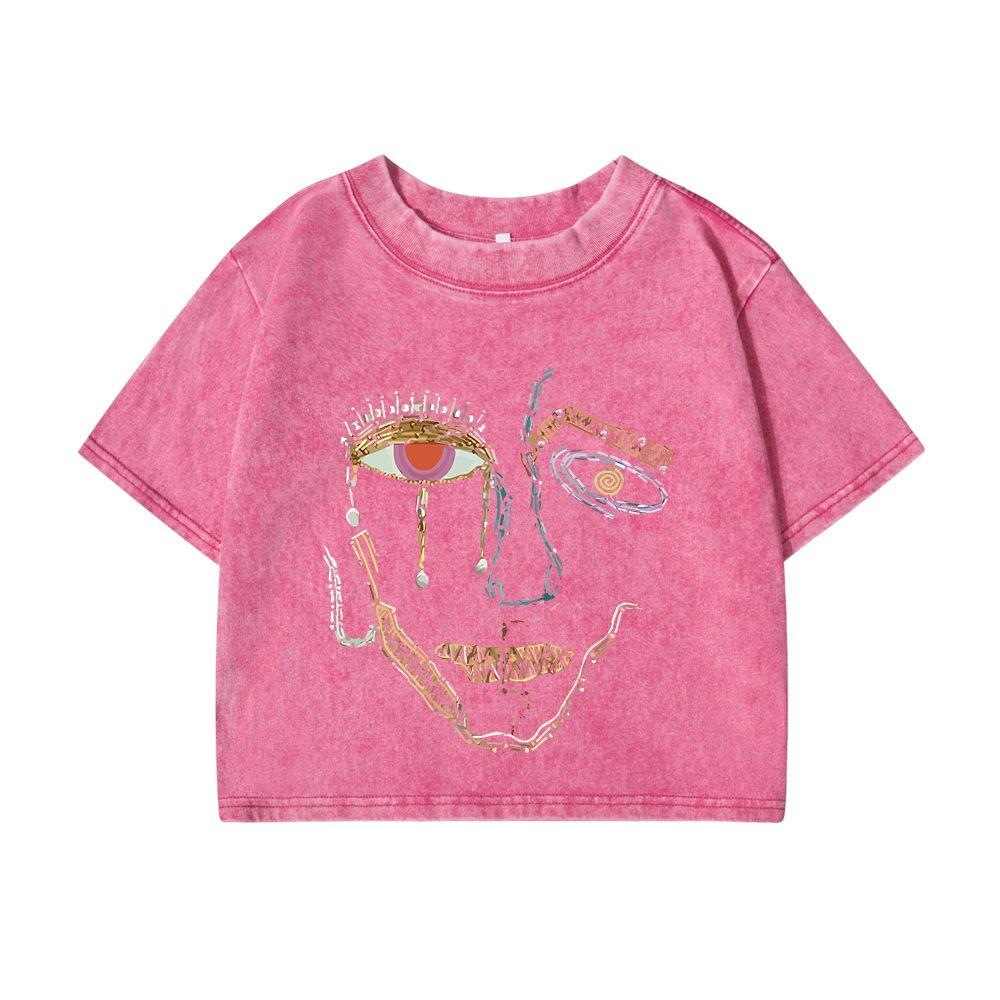 Woman Cotton Crop Washed T-Shirts Color Graffiti Woman'S Face Prints Tops Oversize O-Neck Distressed Short Sleeve Clothes
