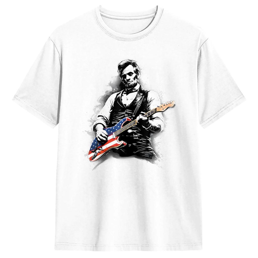 Unisex Abraham Lincoln Abe Lincoln Playing Guitar TShirts   Cotton Tops Summer Classic ShortSleeved TShirt Crew Neck Tshirt