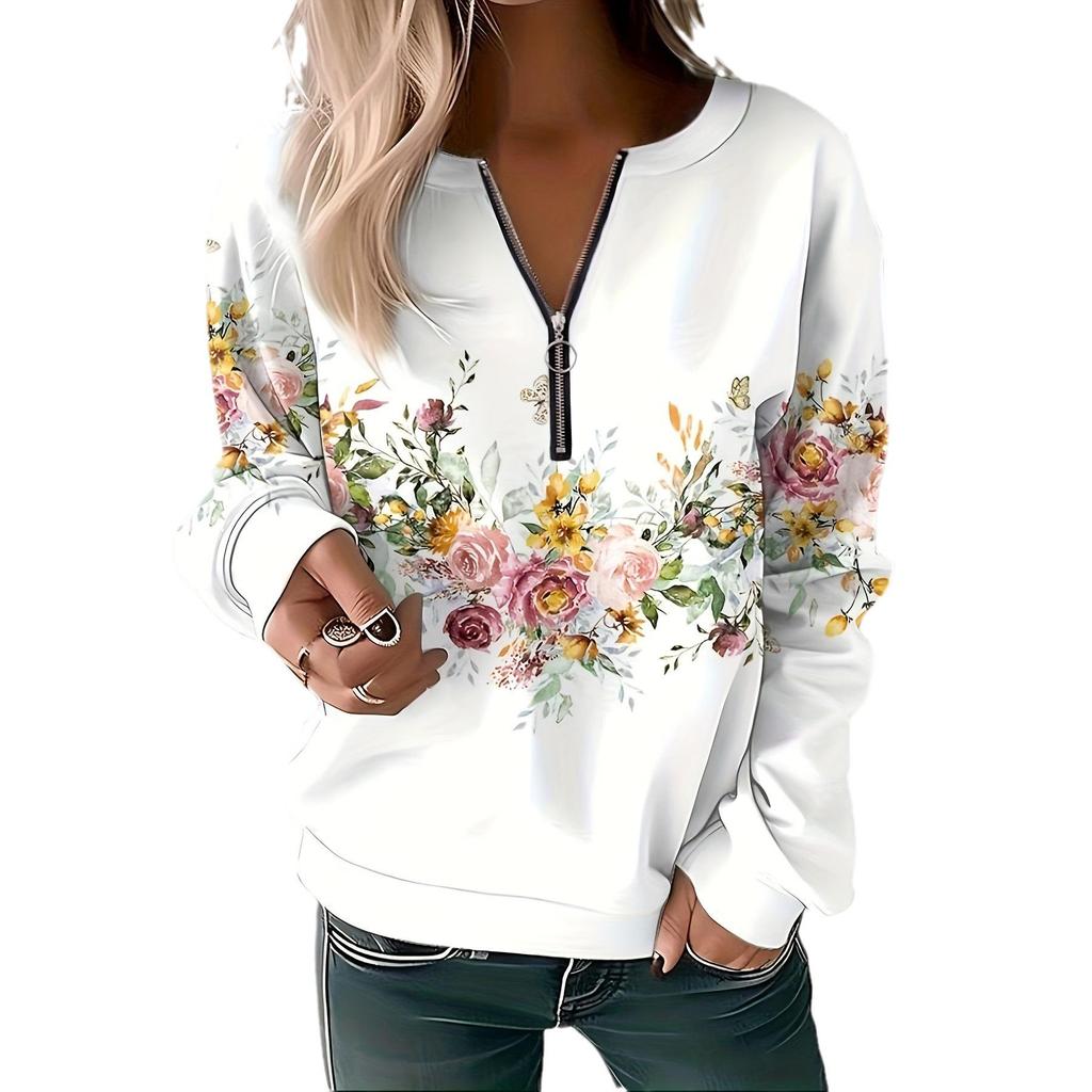 Sweat à capuche imprimé pour femme, coupe ample, demi-fermeture éclair, collection Automne-Hiver 2023
