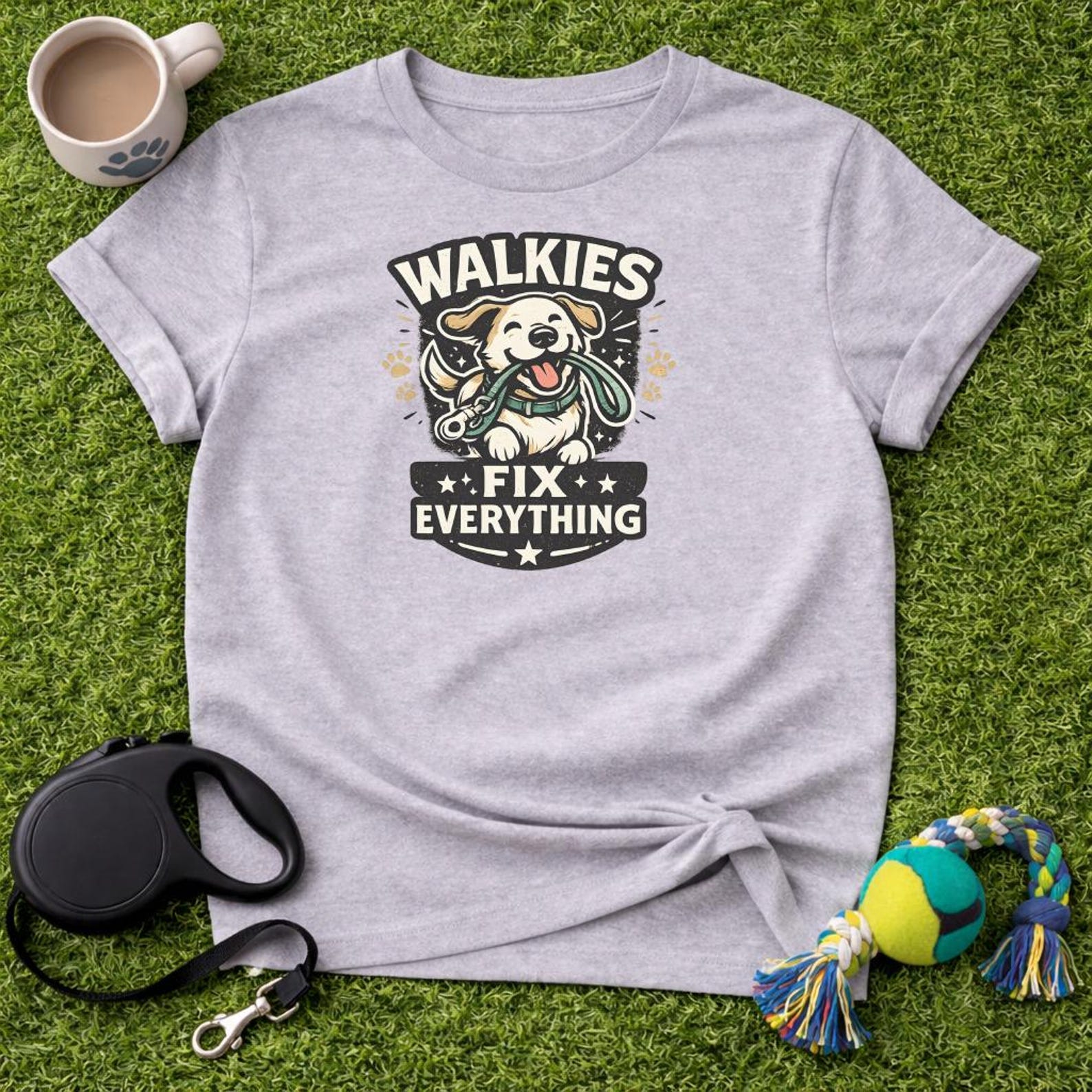 Walkies Fix Everything T-Shirt, Happy Dog Lover Tee, Funny Dog Mom Gift, Dog Dad Apparel, Cute Retro Dog Walk Shirt XL