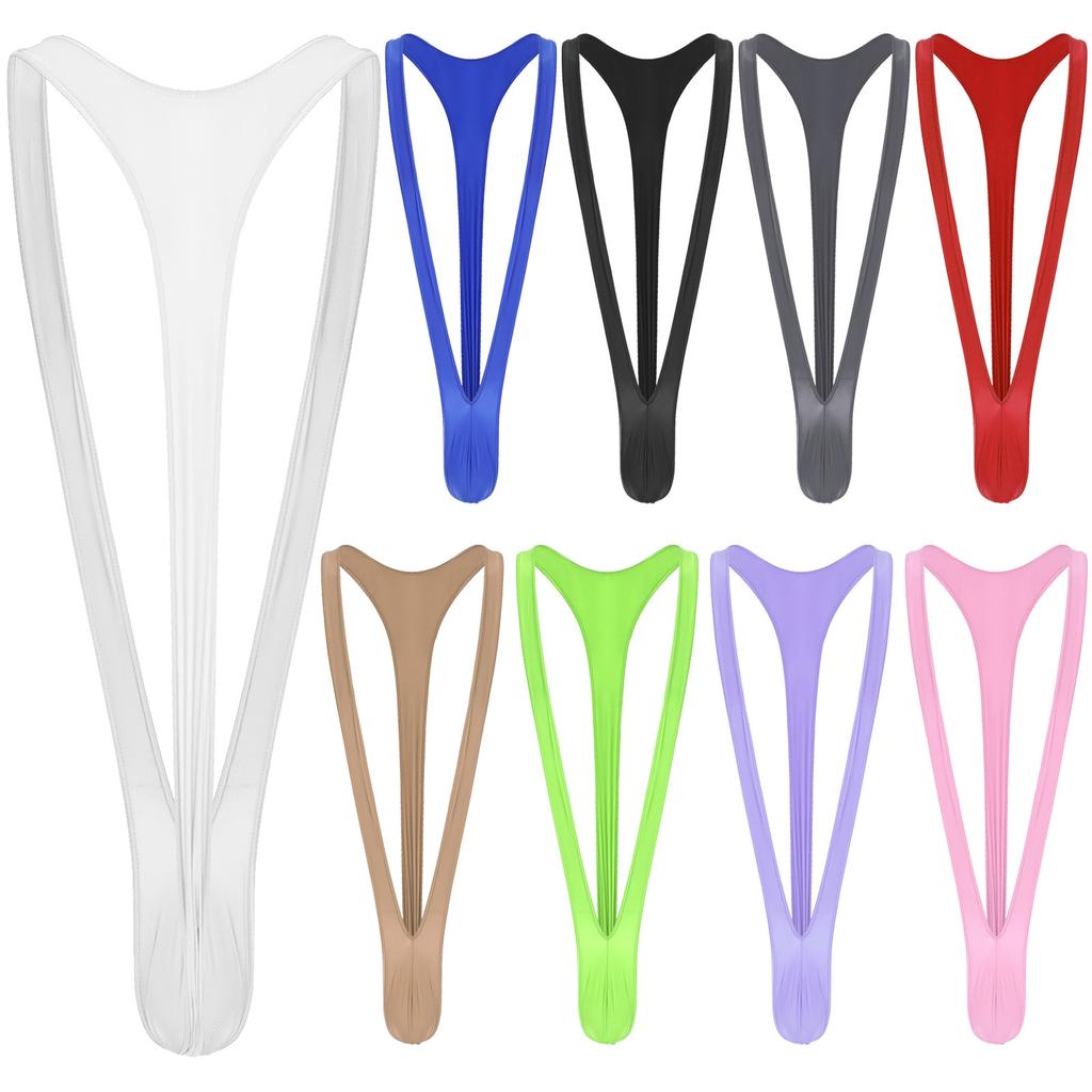 Mens Glossy Mankini Swimsuit V-Shaped Suspender Thong Bulge Pouch Design Stretchy Swimwear for Beach Pool Parties