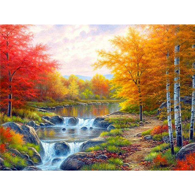 Pictură cu diamant 5D DIY, peisaj, copac de toamnă, broderie cu diamante, peisaj, imagine cu strasuri