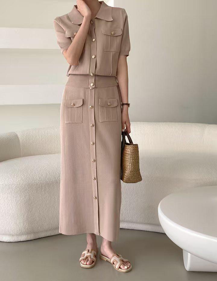 Cross-border Spring High-end Knitted Suit Fashion Polo Collar Buttons + Slim-fit Medium and Long Skirt Knitted Two-piece Set for Women