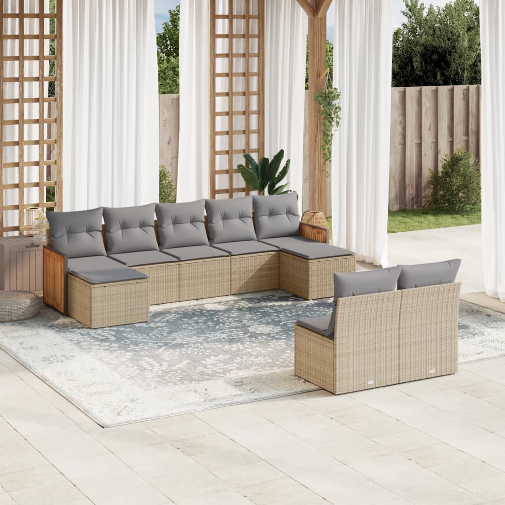 Vidaxl 9-Cz. Garden Furniture Set With Cushions, Beige, Poly Rattan