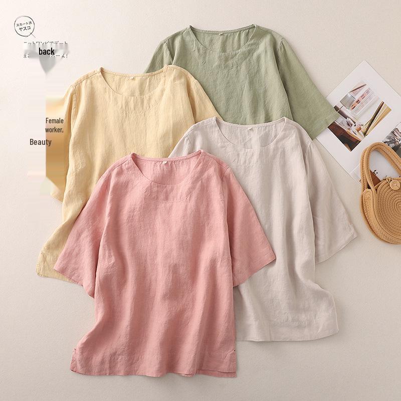 Artistic Retro Short Sleeve Cotton Linen T-Shirt – Casual High-End Summer 2026 Arrival L