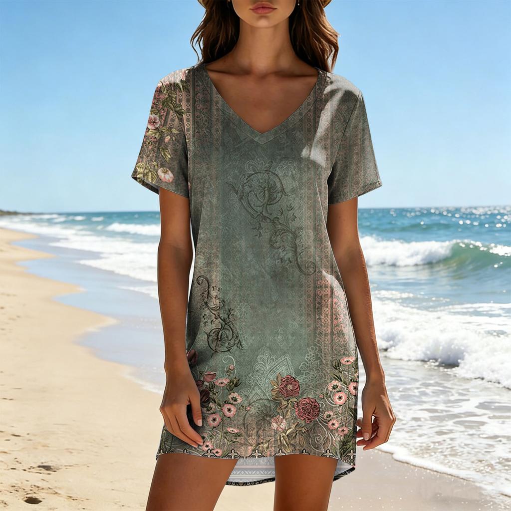 Womens Summer Casual V Neck Short Sleeve Floral Print Dress Lightweight Loose Fit Mini Dress for Daily Wear