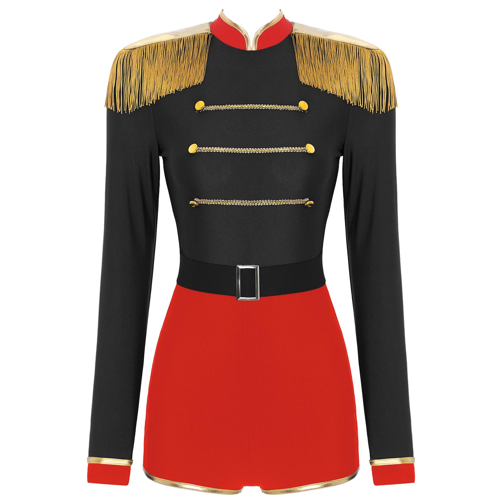 

Womens Halloween Circus Ringmaster Jumpsuit Fringe Shoulder Boards Gold Decorated Contrast Cosplay Bodysuit Costume S чорний