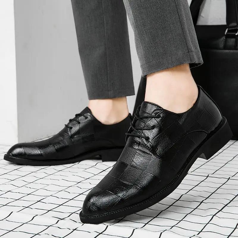 Leather Casual Dress Shoes Man Social Shoe for Men Pointed Toe Black Cheap Liquidation Clothing Low Price Clearance Footwear 39