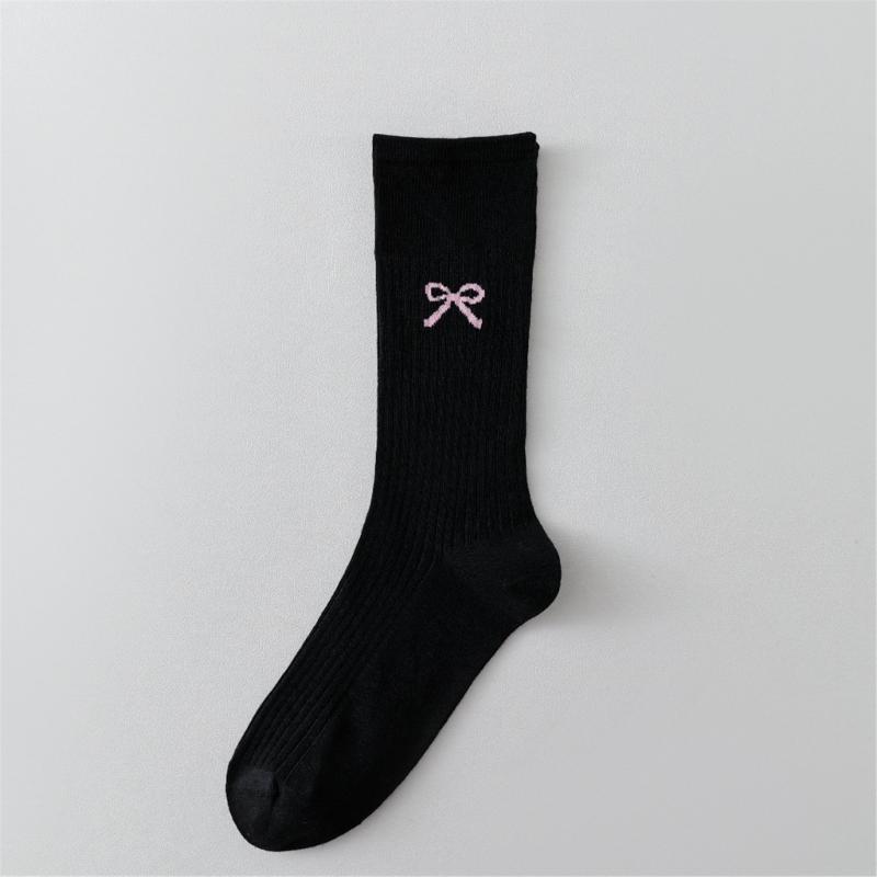 Cute Bowknot Pattern Long Calf Length Socks for Women and Girls Breathable Mesh Ribbed Student Cotton Stockings Hosiery