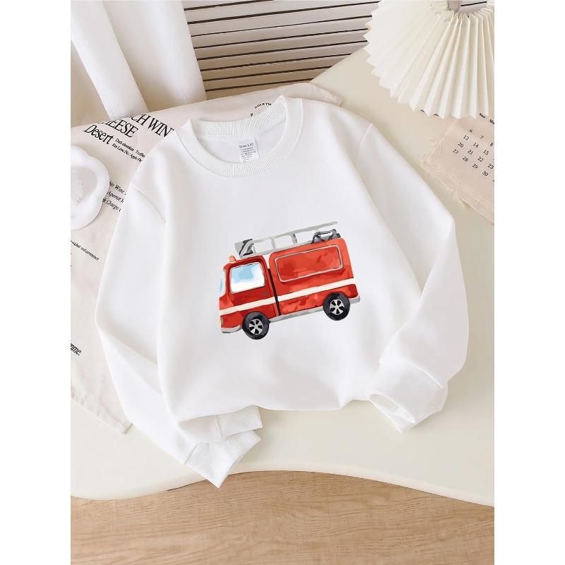 European sizes Crewneck Sweatshirt for Kids in a Fire Truck Red And White Design, Soft And Comfy Sports And Casual Wear Is Perfect for Kids And Teens