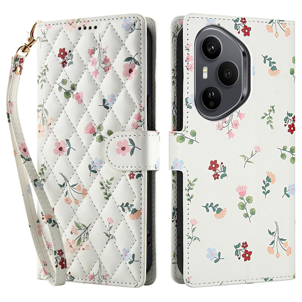 Für Honor 400 Pro 5G (Global) Brieftasche Hülle Rhombisches Blumendesign Leder Klapphandyhülle mit Riemen