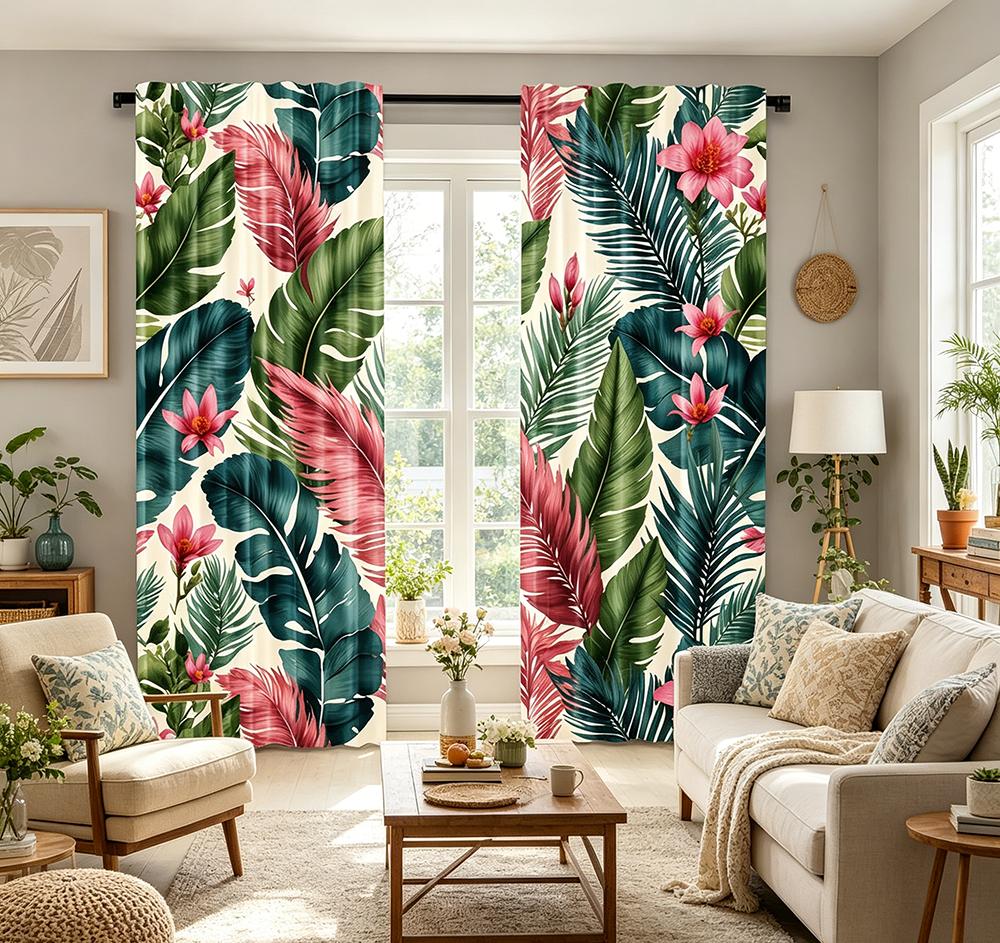 2PCS Digital Printed Curtains, Tropical Pink Flowers Pattern, Beautiful Window Drapes for Living Room Bedroom Home Decor