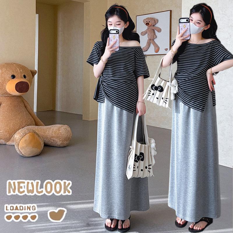 2026 Summer Off-Shoulder Striped Maternity Top & Skirt Set 2XL