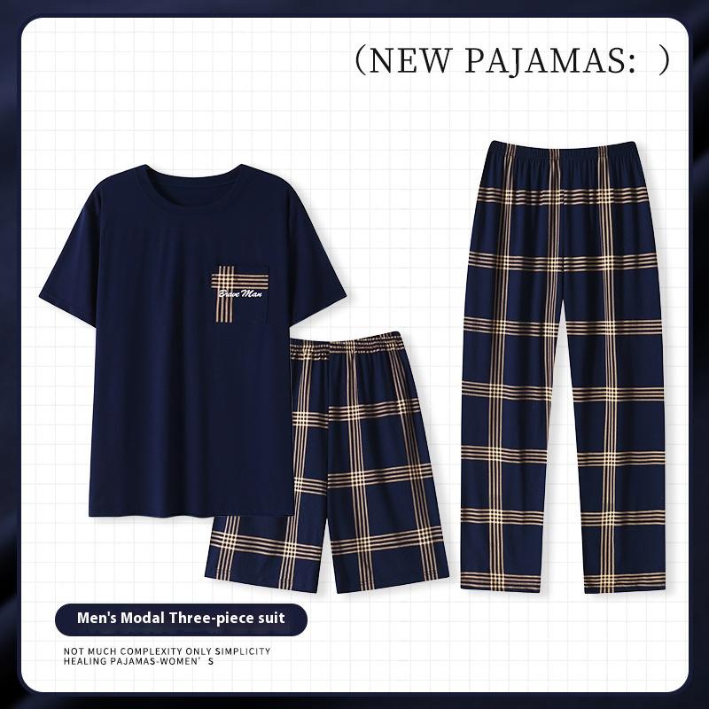 Sommer Herren Dreiteiliger Pyjama Homewear Modal Homewear Herren Pyjama Kurzarm Lange Hose Anzug Lässige Homewear