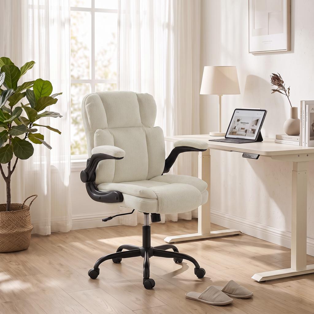 Ergonomic Office Chair, Chenille, Flip-Up Armrests, Adjustable Height, 70 x 67 x 108 cm, Beige