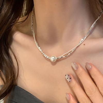 Double-Layer Pearl Broken Silver Metal Necklace Female High-End Sense Niche Retro Personality Versatile Temperament Neck Chain Collarbone Chain