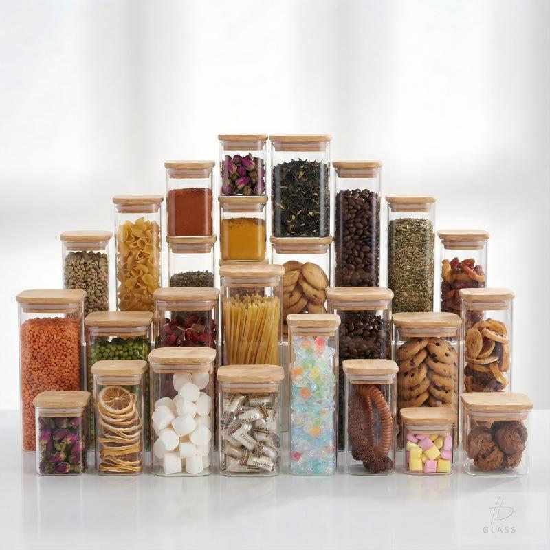 Borosilicate Glass Storage Jar with Bamboo Lid - Cylindrical Transparent Container for Tea or Food