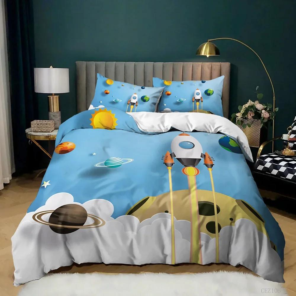 Cartoon Science Fiction Space Themed Earth Rocket Comfortable Duvet Quilt Cover Pillowcase Bedding Set Decoration Home Textile