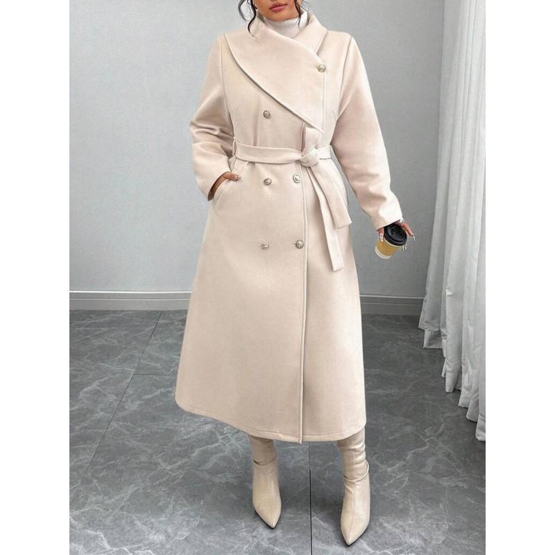 Womens Oversized Wool Blend Coat With Double Breasted Buttons Asymmetrical Collar Winter Warm Long Outerwear
