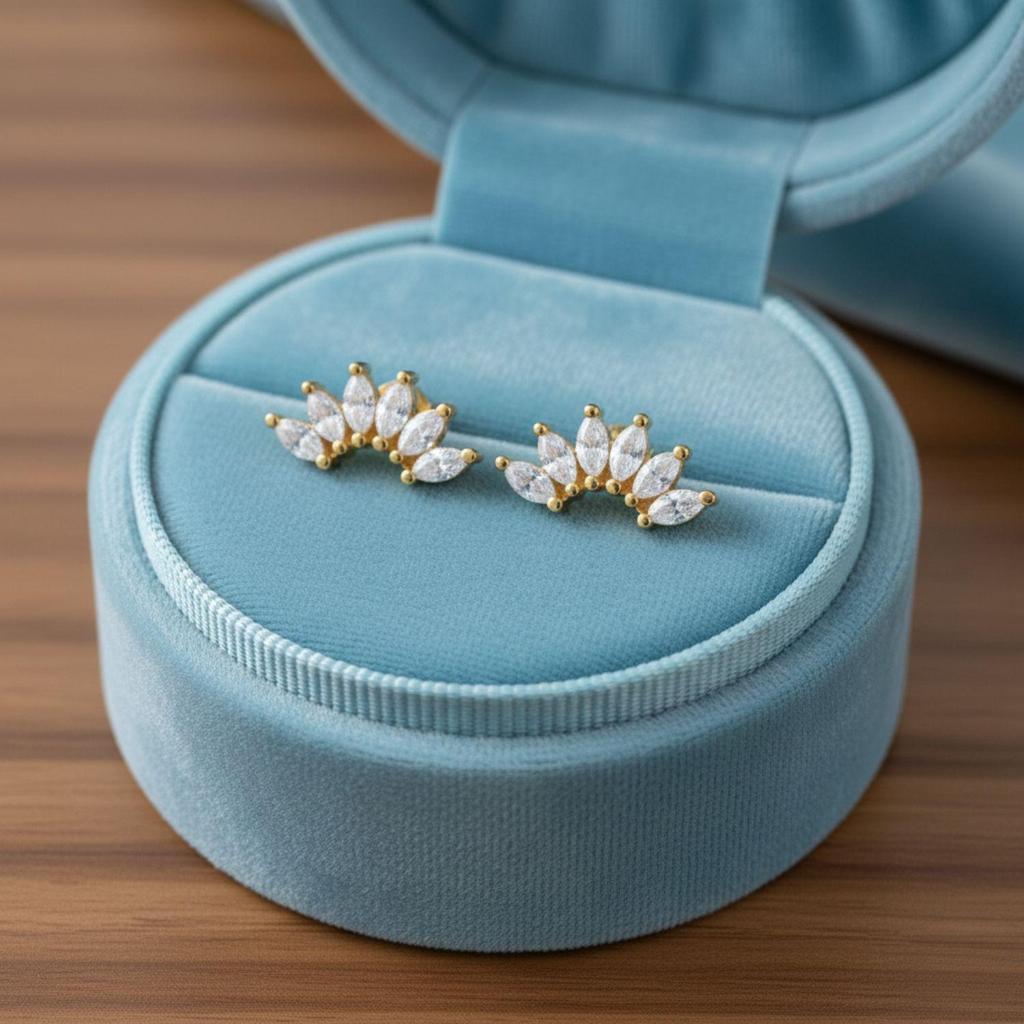 Marquise Fächer Cluster Ohrstecker - 925 Sterling Silber Gelb Vergoldet