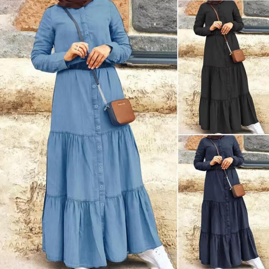 New Women's Casual Washed Solid Color Dress Round Neck Commuter Style Fashion Single Breasted Splicing Long Dress 5XL