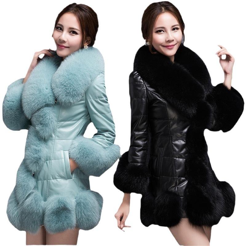 Winter neue Damenlederjacke mit Kunstfell, Damenmittel und lang, Kragen aus Kunstfuchsfell, schlanker Mantel