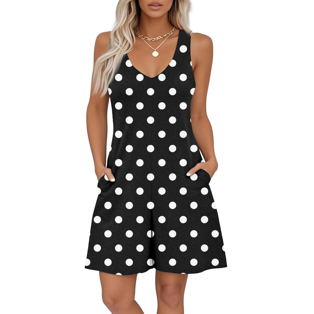 Ärmelloser Jumpsuit mit V-Ausschnitt und Print für Damen, Frühling und Sommer, lässige Jumpsuit-Shorts