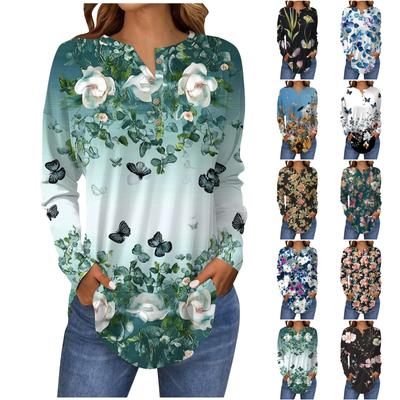 Fashion Loose Button Collar  Floral Print Long Sleeve T-Shirt Top Pullover