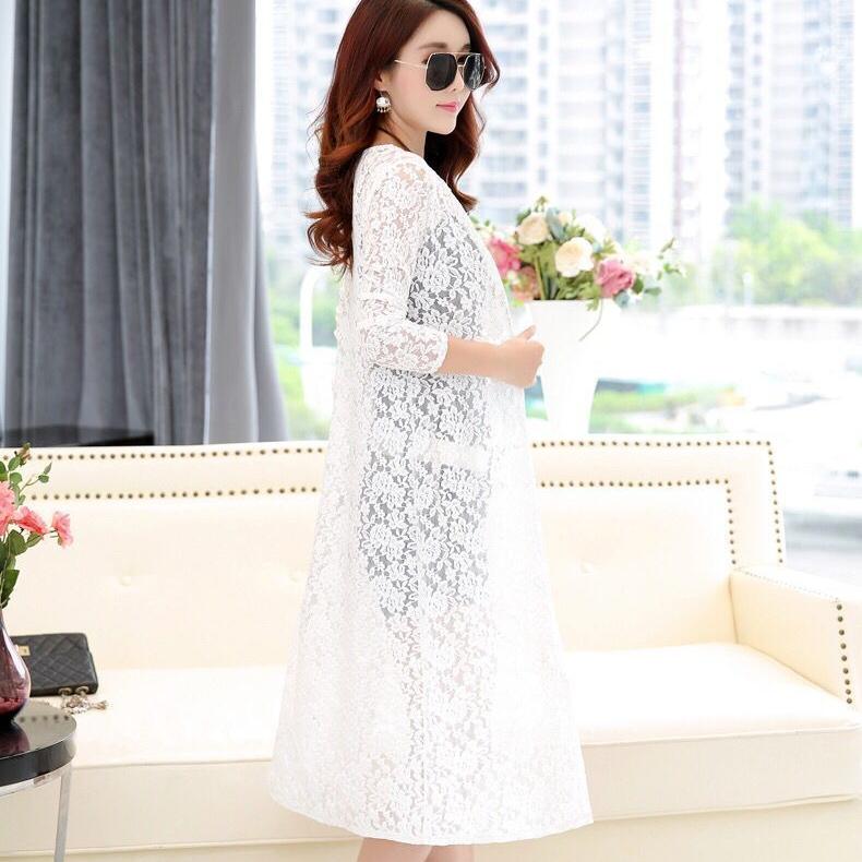 Sommer Damen Spitzen-Strickjacke Sonnenschutzjacke Langarm Plus Size Mittellange dünne Außenschaljacke